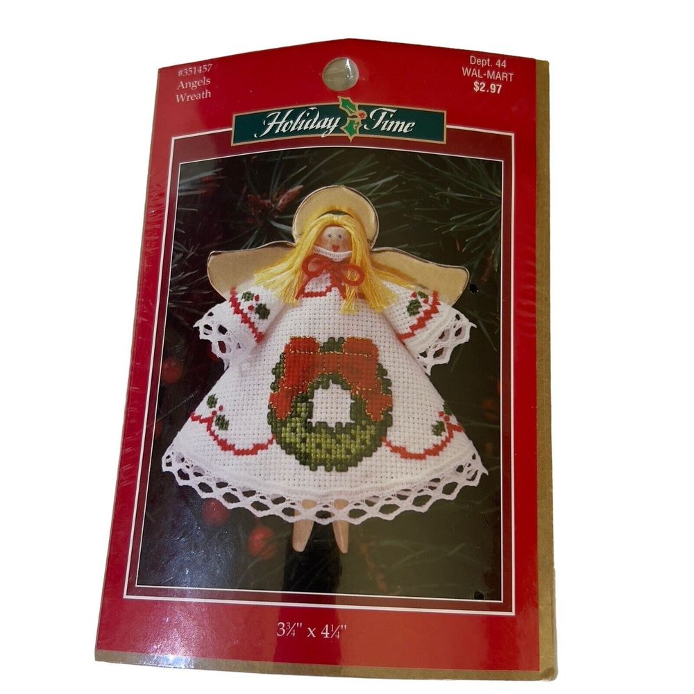 VTG Holiday Time Christmas Angels Wreath Cross Stitch Kit‎ #351457 Pin Ornament
